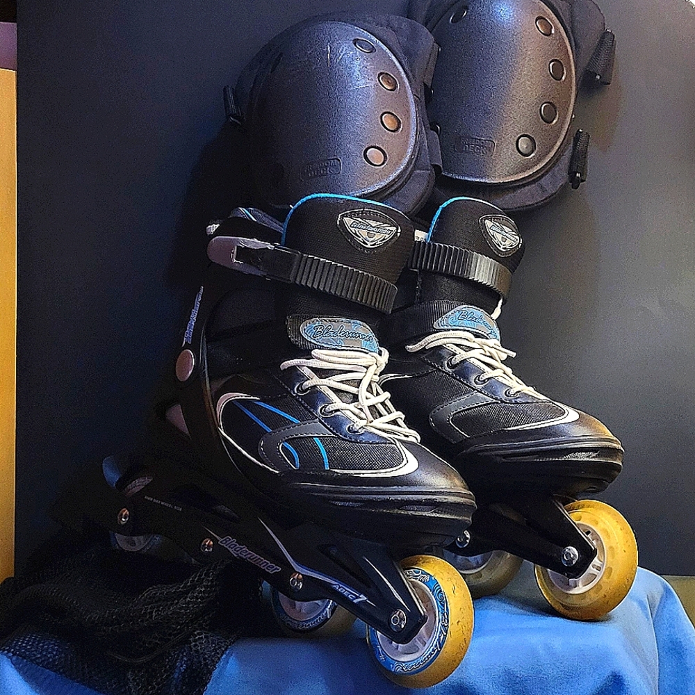 Black and Blue Inline Skates with Pads ABEC7 Bladerunner. 80MM Max Wheel Size.